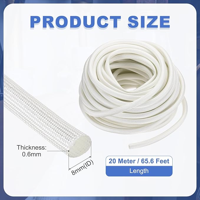 uxcell Insulation Cable Protector,8mm/0.31 Inch-20m/66 Feet High Temp Fiberglass Sleeve White