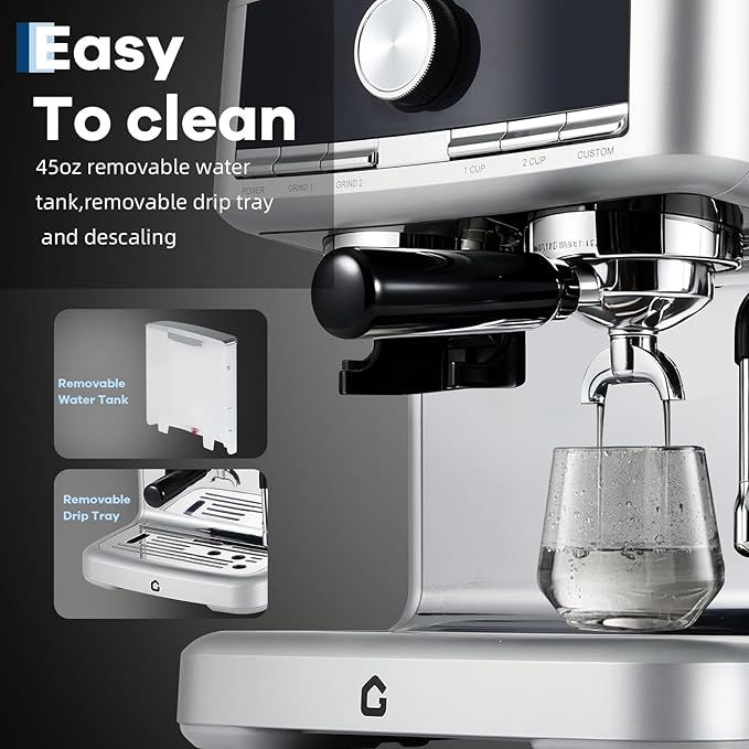 20 Bar Espresso Machine with Built-in Grinder, Stainless Steel Coffee Maker with Milk Frother Steam Wand, 1.5L Removable Water Tank, Adjustable Shot Volume for Home & Office