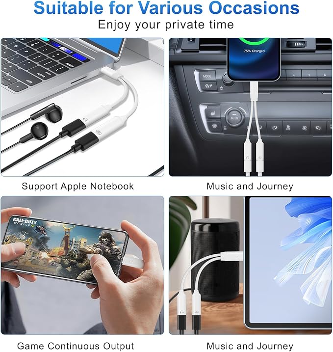 USB C Splitter，2 in 1 USB C Headphone and Charger Adapter Audio Dongle Cable with PD 100W for iPhone 16 15 Pro Max, Pixel 9 8 7, Galaxy S24 S23 S22, iPad Pro (White)