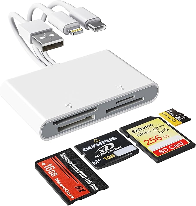 Memory Stick Pro Duo Adapter, 4 in 1 USB A/USB C/Lightning to SD/MS/Micro SD/XD Picture Card Reader for Camera Adapter Trail Game Camera Viewer for iPhone iPad MacBook, SD Card Reader for iPhone