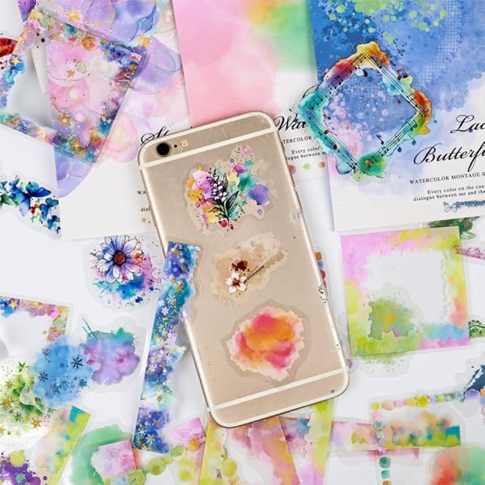 Dwpetzo 120Pcs Watercolor Decorative Stickers for Journaling, 6 Pack Flower Lace Frame Transparent PET Stickers for Scrapbooking, Junk Journal Supplies, Collage, Card Making, Crafts Arts