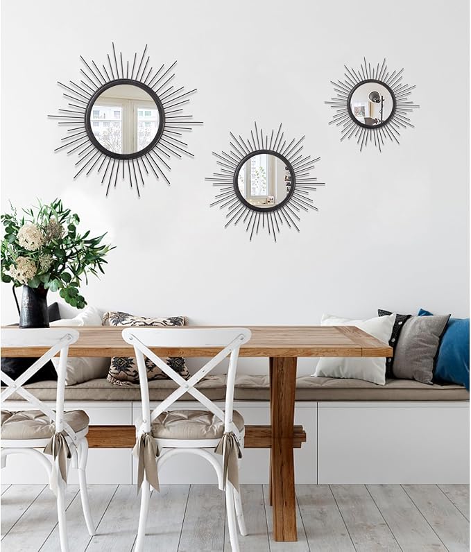 Black Sunburst Spoked Mirrors for Wall Boho Home Round Wall Art Mirror Classic Metal Modern Hanging Mirror Living Room Hallway Bathroom Bedroom Office Vanity Entryway 16"