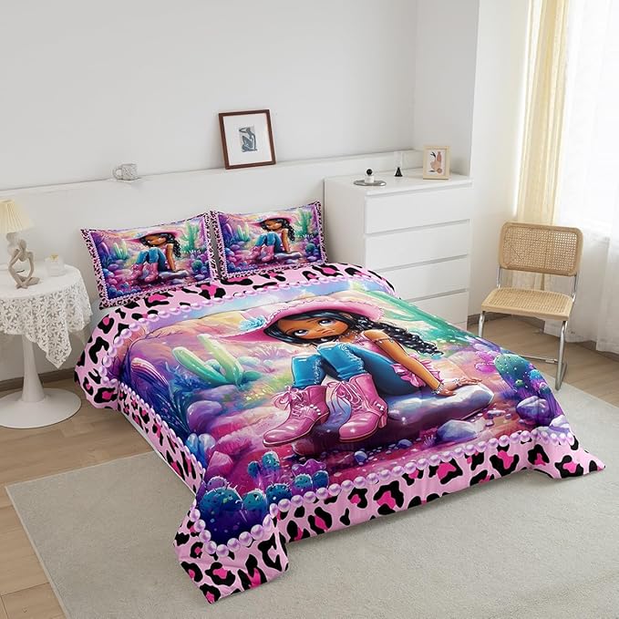 Western Cowgirl Comforter Set Twin Size,Reversible Cute Girl Cactus American Style Bedding Set for Kids Boys Men,African Pink Leopard Print Plaid Black Quilted Duvet Set with 1 Pillowcase