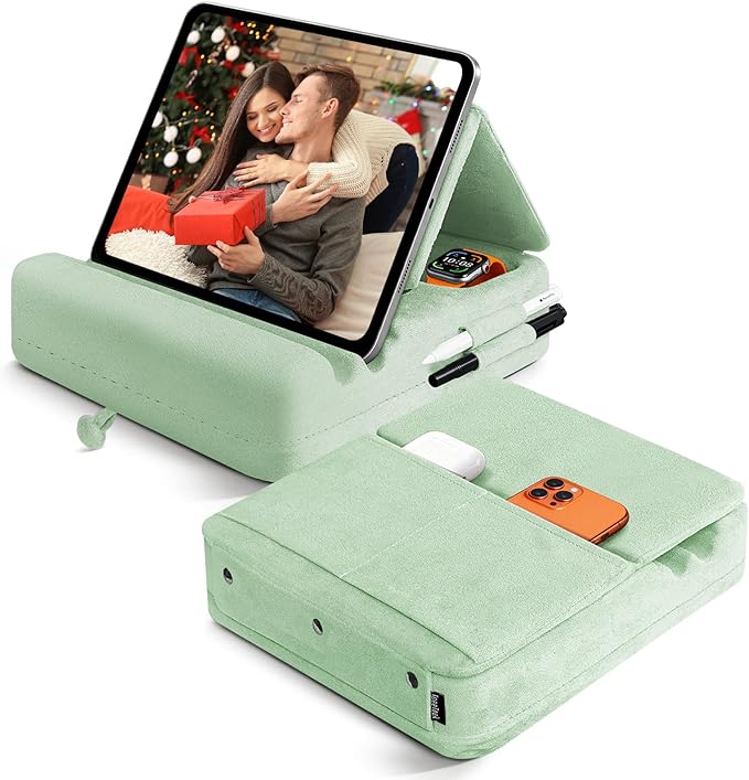 TpeeTeek Tablet Pillow Stand with Storage, Foldable iPad Holder for Lep, Bed, Sofa, and Desk - Soft Pad Dock with Pocket and Stylus Mount Compatible with 4-13" iPad Pro/Air/Mini, Galaxy Tab, Kindle