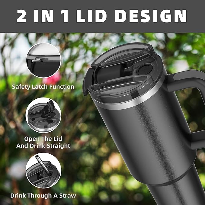 40 oz tumbler with handle and straw,Double Wall Vacuum Reusable Stainless Steel Insulated Water Bottle,With Leak Proof lid and Straw for Iced or Cold Beverages (Black)