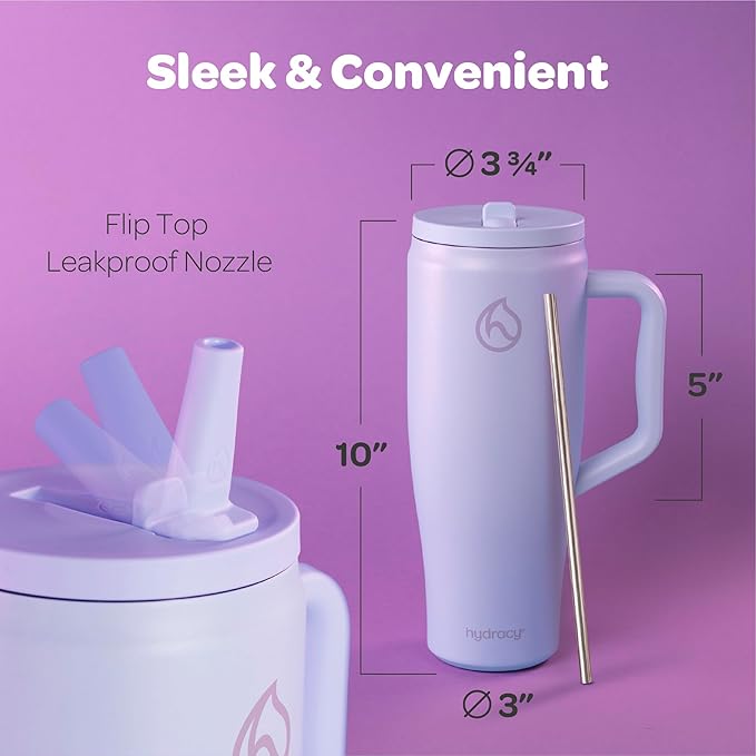 Hydracy Soulmate 40oz Tumbler with Handle and Flip Straw - 100% Leakproof Reusable Insulated Cup with Stainless Steel Straw - Cupholder Friendly Rubber Base Travel Mug - Lilac Haze