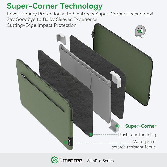 Smatree SlimPro Laptop Sleeve Case for 16 inch HP ZBook 8 G1i, HP Laptop Case with Swift-Access Accessory Pocket, Patented Super-Corner Design, Green (S619G)
