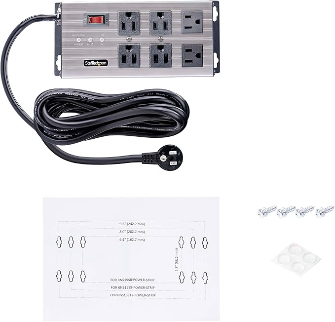 StarTech.com Flat Plug 6-Outlet Heavy Duty Industrial Power Strip 125V/15A with Surge Protector, EMI/RFI Isolation, Mountable PDU, 8ft/2.4m Extension Power Cord, NEMA 5-15P/R, TAA