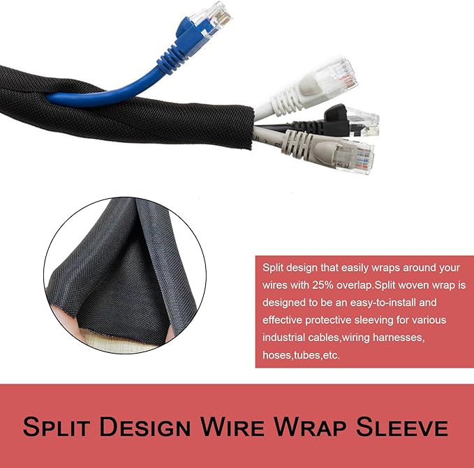 Braided Split Wire Loom Black Wire Cover Protective Harness Tubing Cable Management Self Wrap Cord Sleeve Mesh Woven 3/8"-35ft