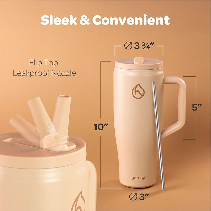 Hydracy Soulmate 40 oz Tumbler with Handle and Flip Straw - 100% Leakproof Reusable Insulated Cup with Stainless Steel Straw - Cupholder Friendly Rubber Base Travel Mug - Cafe Creme