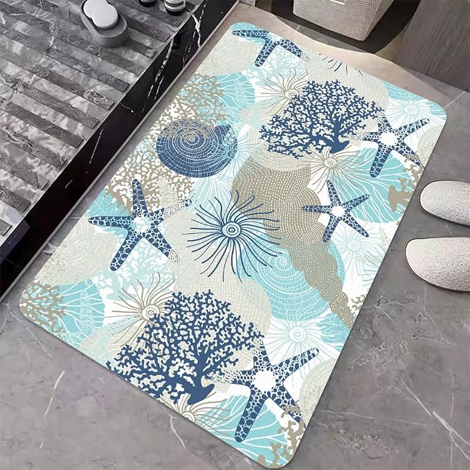 Diatomaceous Earth Bath Mat,Cute Corals and Seashells Non-Slip Volume Super Absorbent Fast Drying for Bathroom Kitchen mat,Eco-Friendly Easy to Clean 20×31Inch (50 * 80cm)
