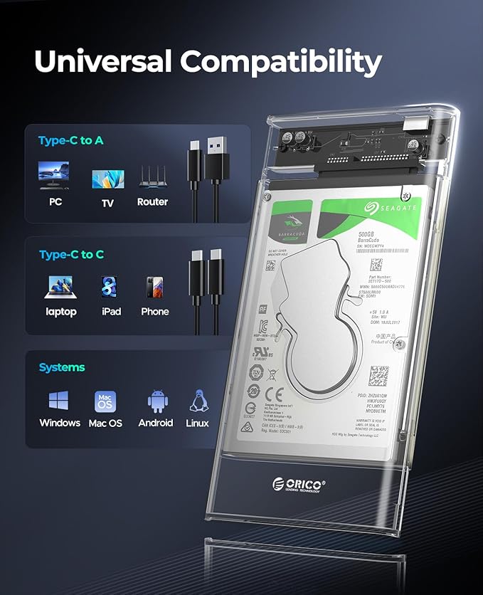 ORICO 2.5'' Hard Drive Enclosure Type-C USB 3.1 Gen2 to SATA 6Gbps Computer External HDD Enclosure for 7 9.5mm HDD SSD Support UASP Compatible with MacOS Windows -2139C3-G2