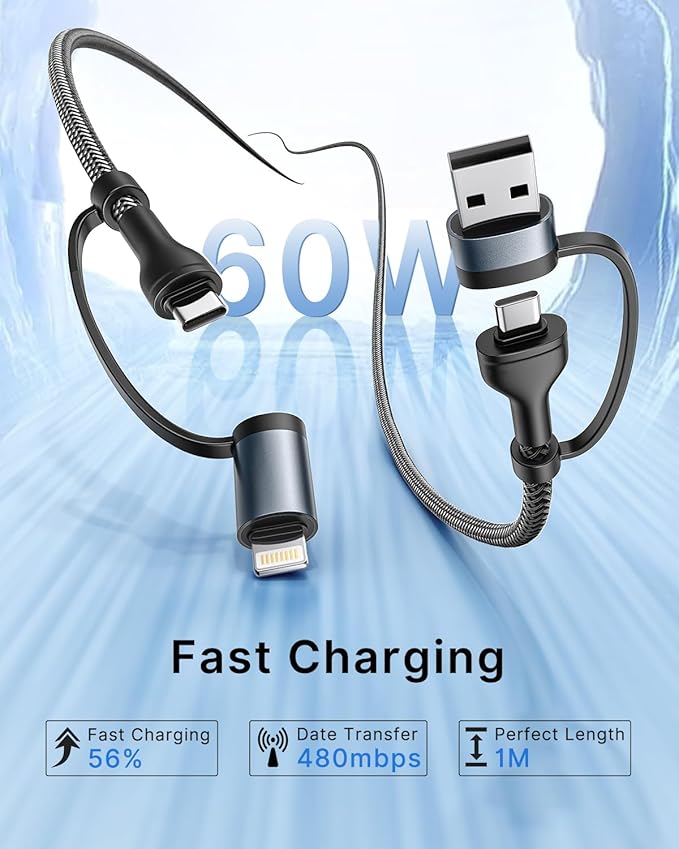 4 in 1 Charging Cable, Fast USB C Cable Data Type C Charger 60W Lightning Cable Adapter USB C to USB C Cable for iPad Charger Fast Multi Charging Cord Fits iPhone 16 15/15 Pro/15 Plus/14 Pro Max,6FT