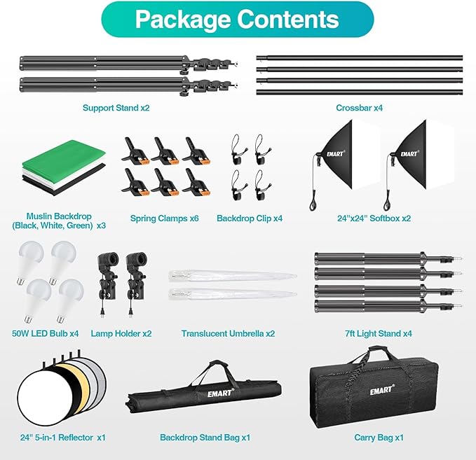 EMART 8.5 x 10 ft Backdrop Support System, Professional Photography Lighting Kit with 5500K 50W LED, 6 * 9ft Backdrop *3, Reflector,Umbrellas&Softbox Lighting Kit for Studio, Portrait, Video Shooting