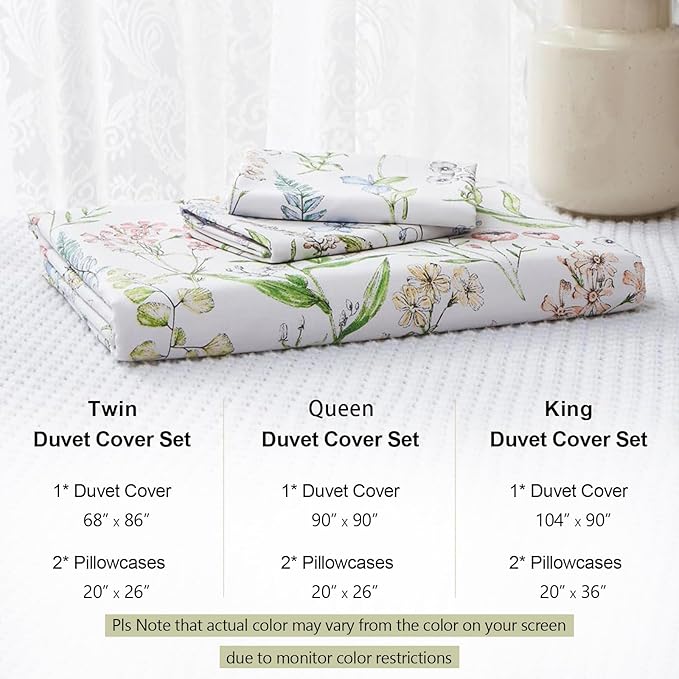 EAVD Vibrant Garden Botanical Floral Duvet Cover Queen Soft Cotton Chic Cute Bird Floral Pattern Bedding Set with 2 Pillowcases Vintage Botanical Duvet Cover with Zipper Closure