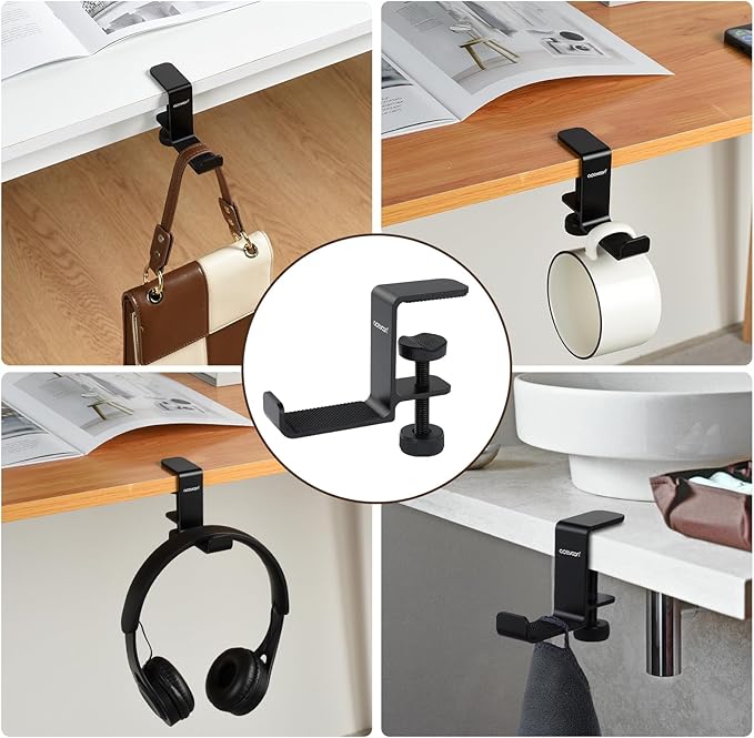 aceyoon Under Desk Headphone Hanger, Aluminum Headphone Stand,Headset Holder Space-Saving for Bag/Backpack/GamingHeadphone, Black