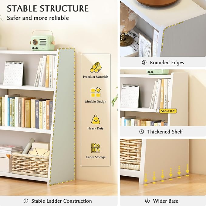 IOTXY Wooden Extendable Shelf Bookcase - 3-Tier Ladder Low Short Bookshelf for Small Space or Corner, Dark Walnut, L
