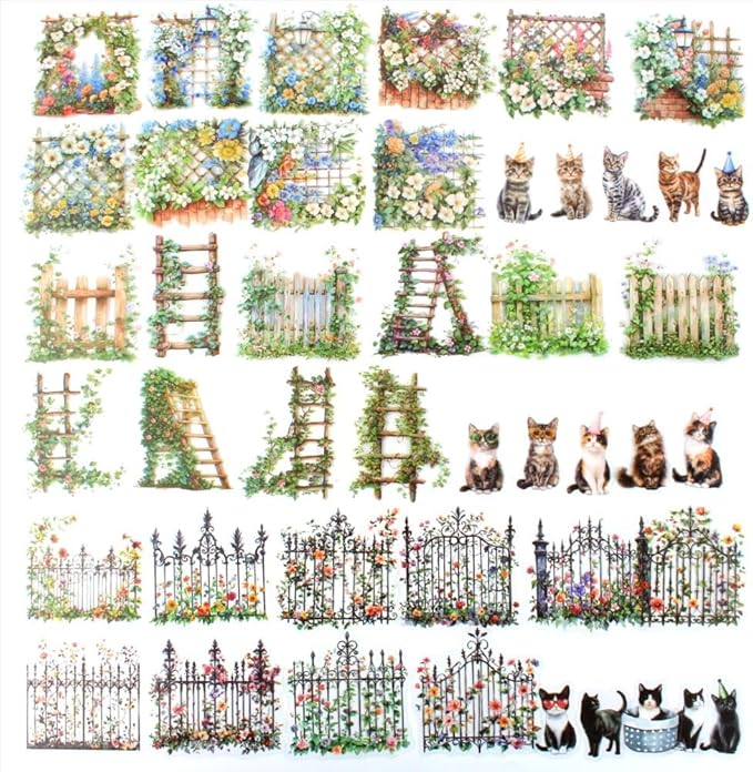 Dwpetzo 90Pcs Unique Transparent PET Stickers for Journaling, Garden Fence with Cat Landscape Stickers for Scrapbooking, Junk Journal Supplies, Collage, Planner