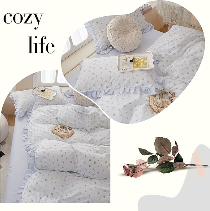 White Duvet Cover Floral Lace Duvet Cover King Cute Blue Flower Green Leaves Print Ruffle Comforter Cover Vintage Princess Lace Bedding Set Botanical Floral Comforter Cover Cottagecore Bedding Set