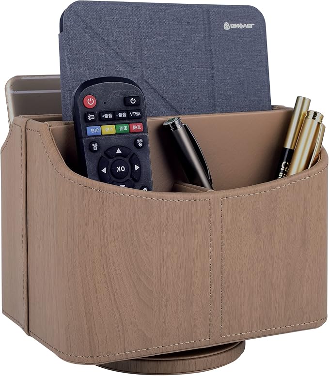 RHCSZ Leather Remote Control Holder/Caddy 360 Degree Rotating, Desk Organizer for TV Remote Controllers,Pen,Calculator,cell phone,gadget storage box,Nightstand Decoration(Light wood grain)