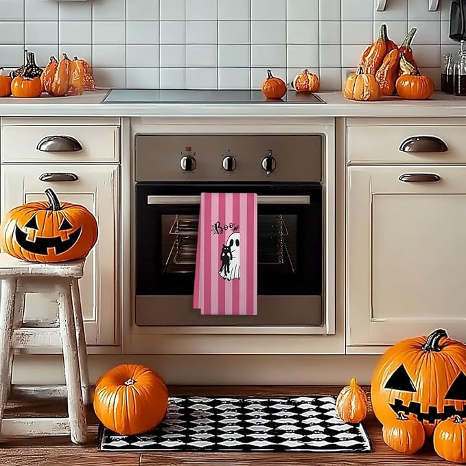 Black Cat Halloween Kitchen Towels, Cat Lover Mom Lady Gifts Dish Tea Towels for Kitchen Decor, Pink Striped Halloween Ghost Decorative Hand Towel for Bathroom, 16x24 Inches