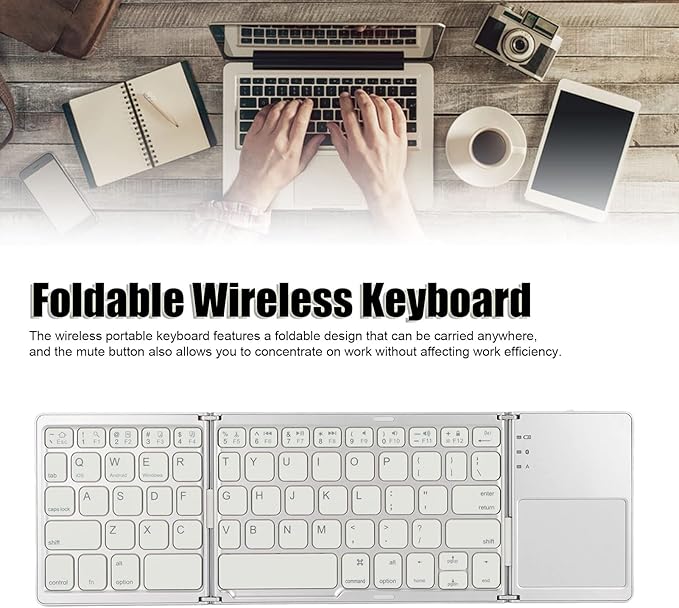 Wisoqu Foldable Keyboard with Touchpad, 3 Folding Wireless Keyboard 63 Keys 10m Connection USB Charging, for iOS for Laptop Tablet Smartphone (Silver White)