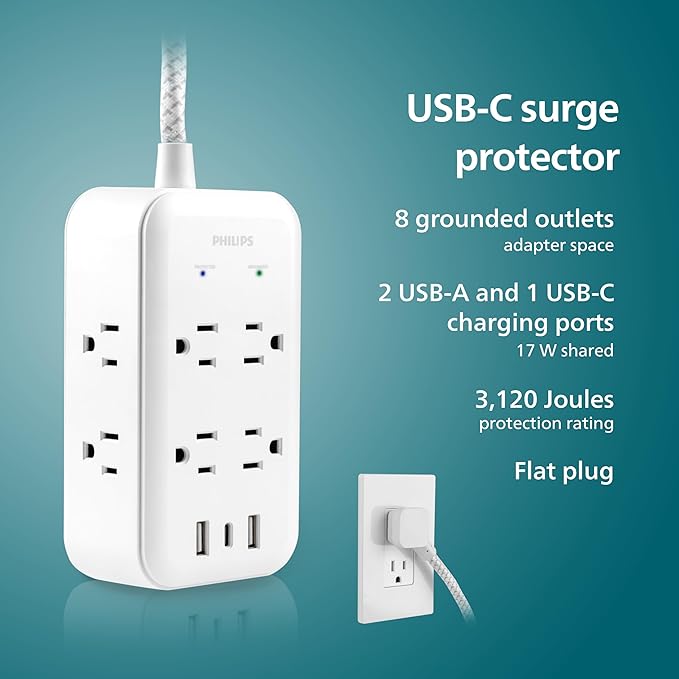Philips Surge Protector, 8 Outlet, 2 USB-A, 1 USB-C, 17W, 3120J, Braided Cord, 6ft, White