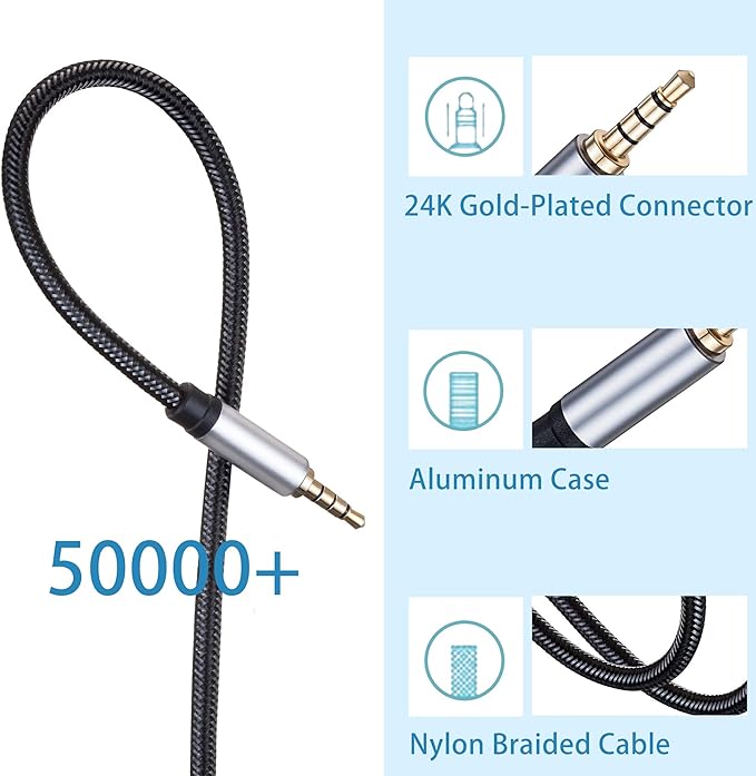Jelly Tang Male to Male Audio Cable 1Ft,3.5mm 4 Pole Nylon Braided Stereo Aux Cord for Headphones, PS4,Phone, Tablets, Headset, PC, Laptop and More(1Ft/0.3M)