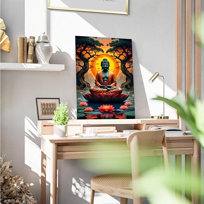Canvas wall art Golden Buddha on lotus at sunset Ancient trees with reflections on water Serene meditation scene Uplifting wall art for mindfulness and tranquil home decor 28x40in Wood Framed