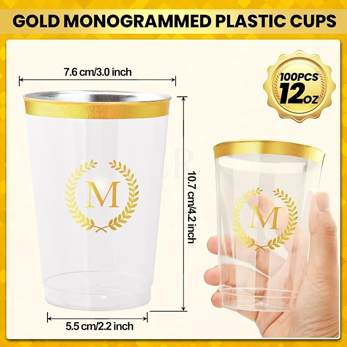 100 Pieces Monogrammed Plastic Cups Gold Foil Letter M Disposable Cups 12 oz Clear Initial Party Cups for Wedding Birthday Baby Shower Personalized Party Drinkware