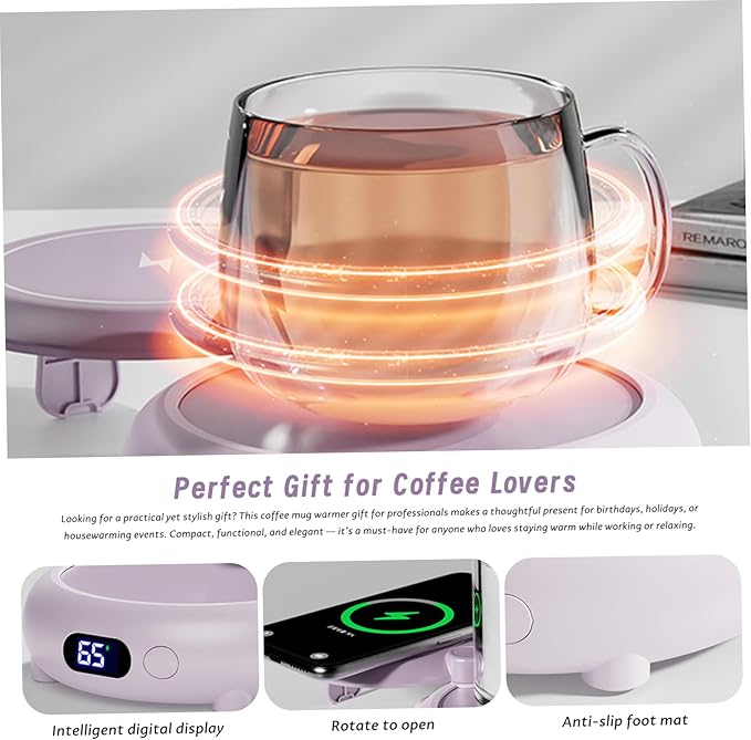 Coffee Mug Warmer for Desk, 3 Heating Setting 2-in-1 Rechargeable Mug Warmer ＆ Phone Chargers Timing Coffee Heater for Desk Home Office