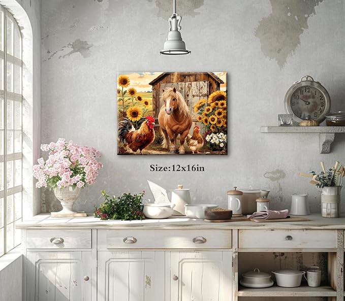 Rustic Farmhouse Horse Wall Art,Vintage Horse Sunflower Canvas Wall Art,Brown Rooster Animals Pictures Wall Decor Framed Artwork for Bedroom Living Room Kitchen Bathroom 12"x16"