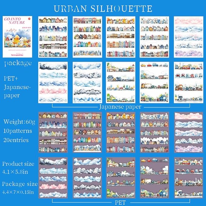 20 Sheets City Landscape Pre-Cut Journal Stickers Book for Journaling, Scrapbooking, Dual Transparent PET and Washi Stickers for Adults Junk Journals, Bujo, Collage, Planner, Album