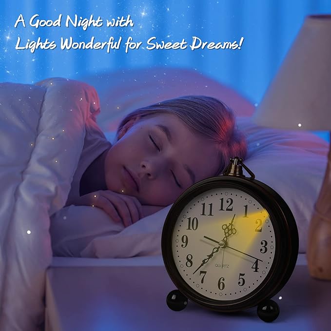 RODH Battery Alarm Clock,Night Light,Vintage Hangable Super Silent Non Ticking Analog Table Clock for Bedroom Bedside, Desk,Shelf