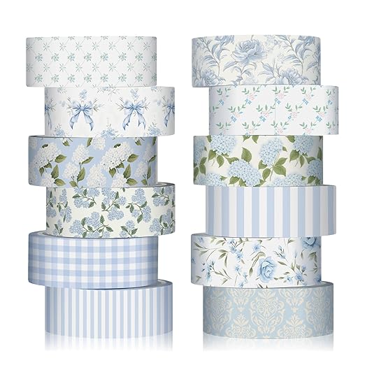 YooNotee 12 Rolls Watercolor Floral Washi Tape Set 15 mm Vintage Flower Decorative Masking Tape for Arts DIY Craft Scrapbook Envelope Party Supplies Gift Wrapping (Dusty Blue,Rose and Hyacinth)