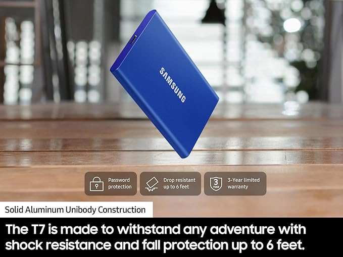 SAMSUNG T7 Portable SSD, 1TB External Solid State Drive, Speeds Up to 1,050MB/s, USB 3.2 Gen 2, Reliable Storage for Gaming, Students, Professionals, MU-PC1T0H/AM, Blue