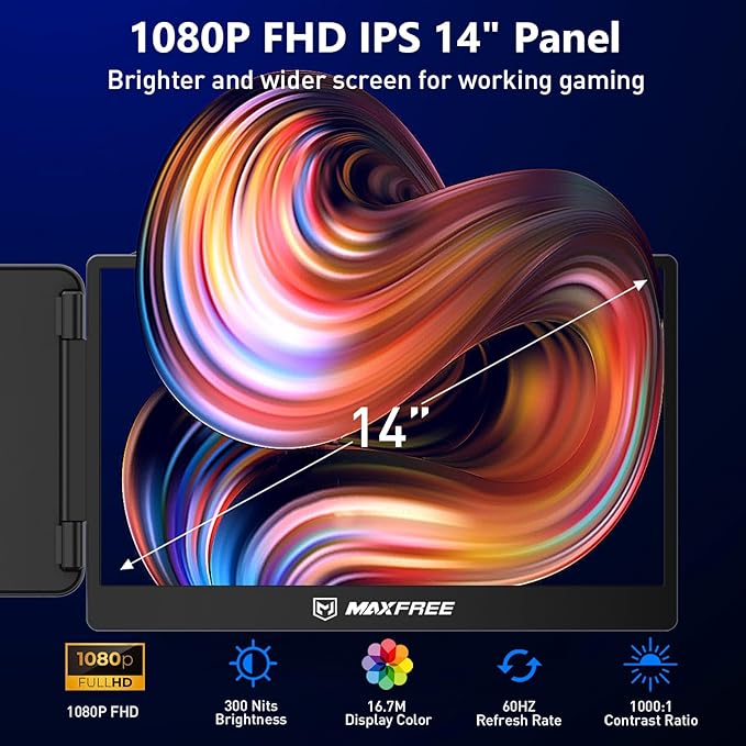 Maxfree Laptop Screen Extender, S1 14'' Laptop Monitor Extender Dual Screen Plug & Play, 1080P FHD Portable Monitor for 13.3-17'' Laptops, Compatible with macOS/Windows/Dex/Android/Switch/PS5