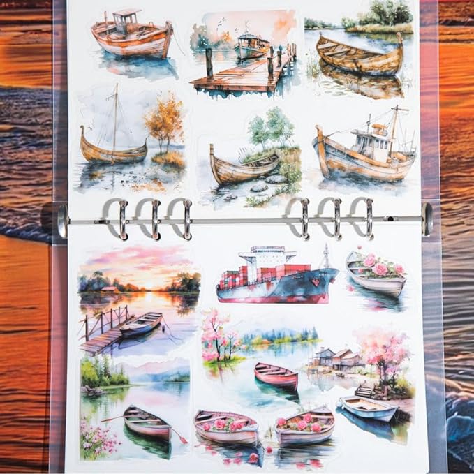 Dwpetzo Vintage Lake Boat Scenery Scrapbook Stickers Set, 120 Pieces Decorative Transparent PET Stickers for Journaling, Junk Journal Supplies, Collage, Scrap Book, Bujo