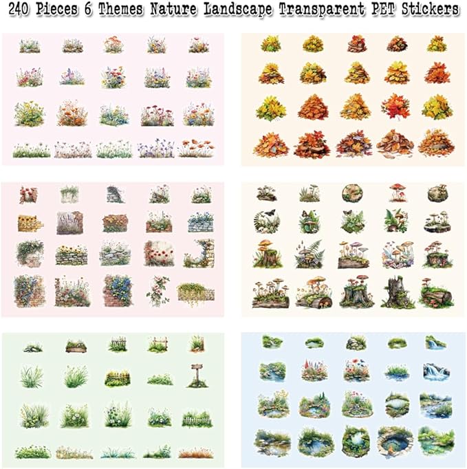 Nature Landscape Scrapbooking Sticker Set, 240 Pieces, 6 Themes Transparent PET Stickers for Journaling, Junk Journal Supplies, Planner, Collage, Bujo, Mixed Media, DIY Crafts Arts