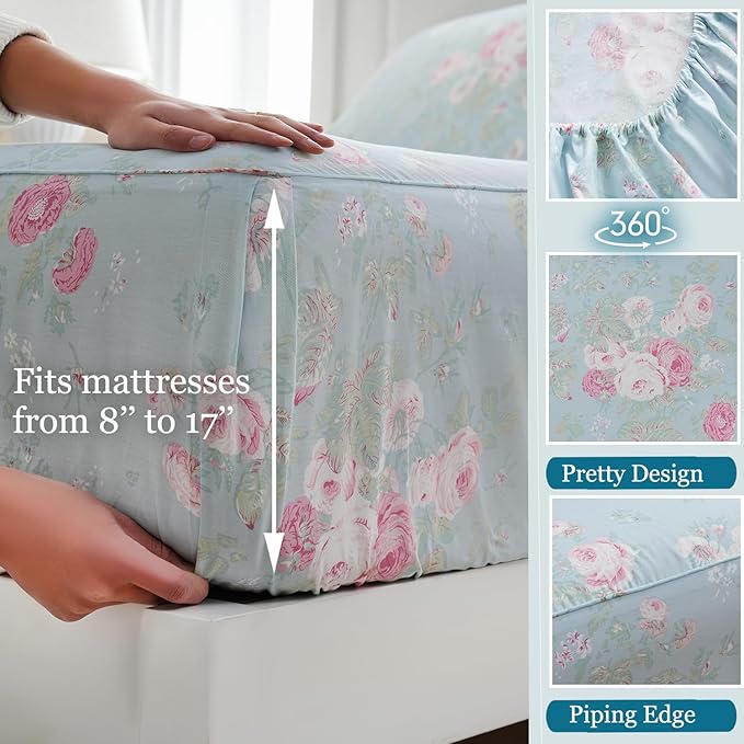 Zusbest Blue Floral Sheets Set California King 100% Cotton Pink Flowers Bed Sheet Shabby Vintage Chic Bedding Romantic Pastoral Original Design Soft Luxury Deep Pocket Fitted Sheet 17.5'', 4 Pcs