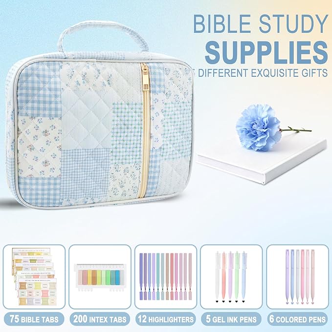 Lestp Bible Cover Case Study Supplies for Women Gifts Large Bible Cover with Highlighters Pens Tabs Cute Quilted Carrying Case Journal Kit Accessories Christian Gifts Sticky Notes D