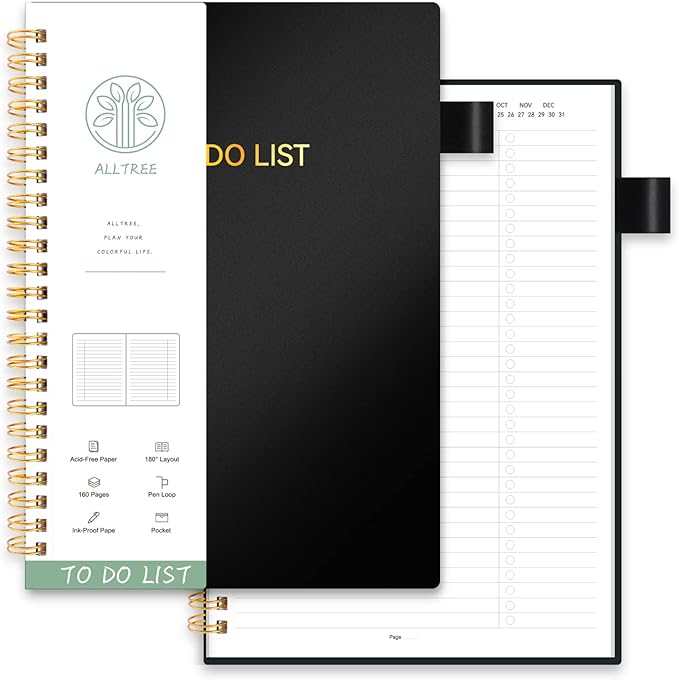 To Do List Notebook for Work, Daily To Do List Planner, ALLTREE To Do List Notebook Spiral Planner, Work Planner with Pocket, Pen Loop, 160 Pages, Black (7"x10")