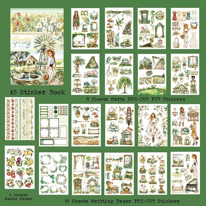 Dwpetzo Spring Cottage Scenery Scrapbook Stickers, 20 Sheets A5 Pre-Cut PET Washi Stickers Book for Journaling, Junk Journal Supplies, Bujo, Collage, Crafts Arts