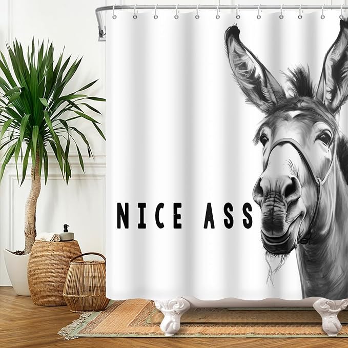 Funny Donkey Shower Curtains Joke Hilarious Animal Bathroom Curtain Rustic Farmhouse Cute Donkey White Shower Curtain Sets for Bathroom Extra Long 60x72 in with 10 Hooks