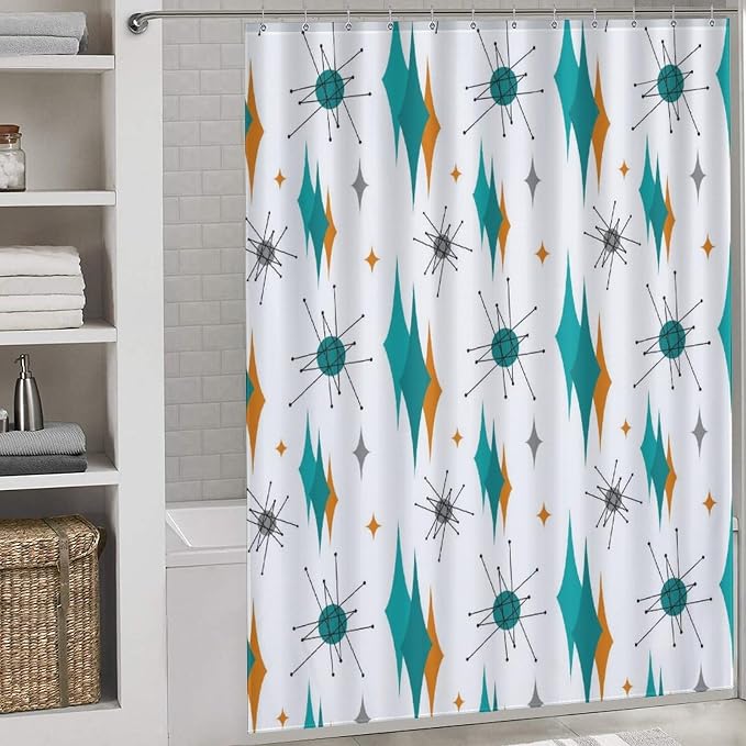 Mid Century Modern Shower Curtain for Bathroom, Teal Orange Geometric Atomic Abstract Pattern 1950s 1960s Retro Vintage Style Waterproof Fabric Shower Curtain Set with Hooks, 72"x72" Inch