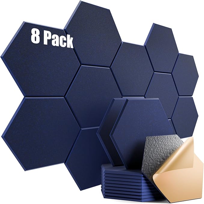 8 Pack Self-Adhesive Acoustic Panels 12" X 10" X 0.4" - Sound Proof Foam Panels for Wall with High Density, Hexagon Design, Flame Resistant, Absorb Noise and Eliminate Echoes(Dark Blue)