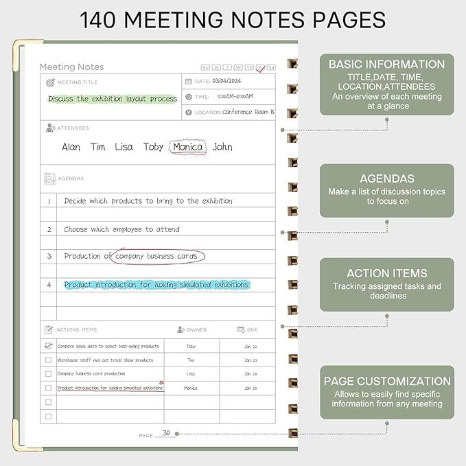 EMSHOI Meeting Notebook for Work - A5 Half Meeting Half Note Planner, 140 Pages, 100GSM Thick Paper, Hardcover, Project Organizer for Women Men Office, Business, Note Taking, 6"x8.3" - Green