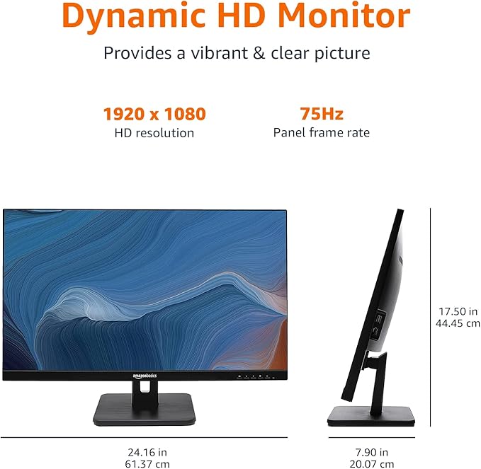 Amazon Basics IPS Monitor 75 Hz Powered with AOC Technology FHD 1080P HDMI, Display Port and VGA Input VESA Compatible Built-in Speakers for Office and Home, 27 in, Black