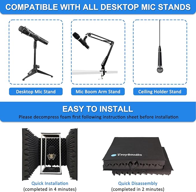 TroyStudio Large Microphone Isolation Shield, Foldable Vocal Booth Reflection Filter, 2 Inches Thick Acoustic Foam Panel Music Sing Podcast Recording Studio Adjustable Sound Box for Desk & Laptop