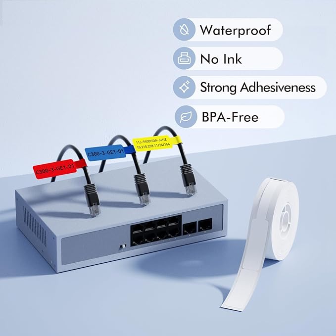 NIIMBOT White Cable Labels Maker Tape for D11/D110/D101 Label Maker, 0.49'' x 4.29''(12.5mm x 109mm), Thermal Label Tape for Home Office Labeling Tape Replacement